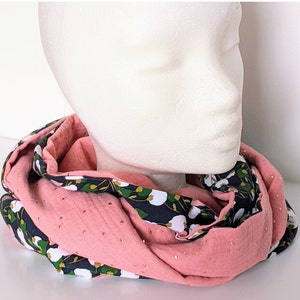 Women's Double Wrap Snood, Kisnek Floral Pattern Scarf, Double Gauze, Blush Pink Gold Touch, Handmade in France image 2