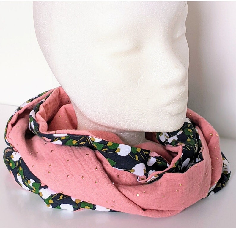 Women's Double Wrap Snood, Kisnek Floral Pattern Scarf, Double Gauze, Blush Pink Gold Touch, Handmade in France image 2