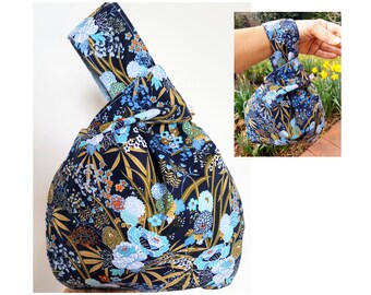 Reversible Japanese handbag, worn in the hand or on the wrist, ideal for cycling, Floral Harmony Fabric, Handmade in France Personalized