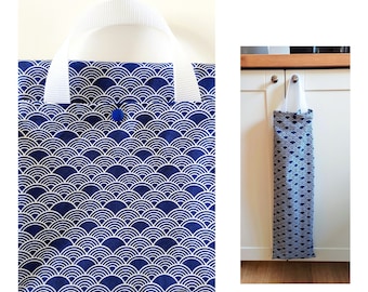 Bolsa de pan y baguette para él, tela con patrón Seigaiha japonés azul marino, hecha a mano en Francia personalizada