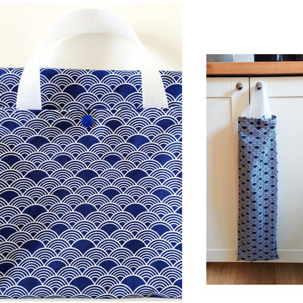 Sac à Pain & Baguette pour Lui, Tissu Motif Japonais Seigaiha Bleu Marine, Fait Main en France Personnalisé