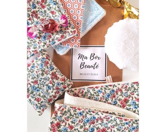 Ma Box Beauté "Belle et Écolo", Motif Fleuri Bleu et Rose sur Fond Ivoire, Cadeau Personnalisé Fait Main en France