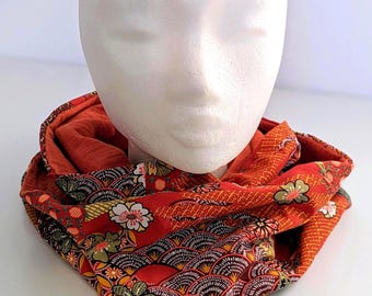 Women's Double Snood in Red Viscose with Japanese Floral Pattern & Squirrel Cotton Gauze