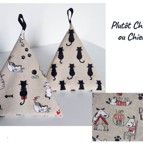 Cale Porte Chat et Chien, Tissu Effet Lin , Forme Berlingot, Cadeau Original pour Cats & Dogs Lovers, Fait Main en France Personnalisé