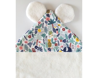 Bath Cape With or Without Ears, Enchanted Jungle Cotton & Ultra Soft Bamboo Sponge, Personalized Baby Gift Box, Made in France