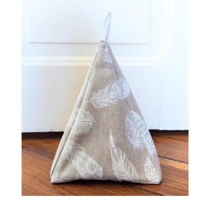 Linen Effect Fabric Door Stop - Feather Pattern - Handmade in France