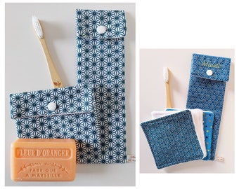 Toothbrush/Toothpaste Case & Soap Pouch, Duck Blue Asanoha Waterproof Fabric, Personalized Made in France
