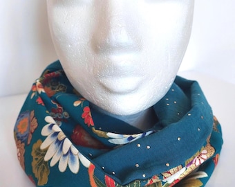 Women's Snood in Turquoise & Gold Japanese Floral Cotton and Double Gauze with Sequins