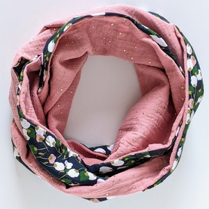 Women's Double Wrap Snood, Kisnek Floral Pattern Scarf, Double Gauze, Blush Pink Gold Touch, Handmade in France image 3