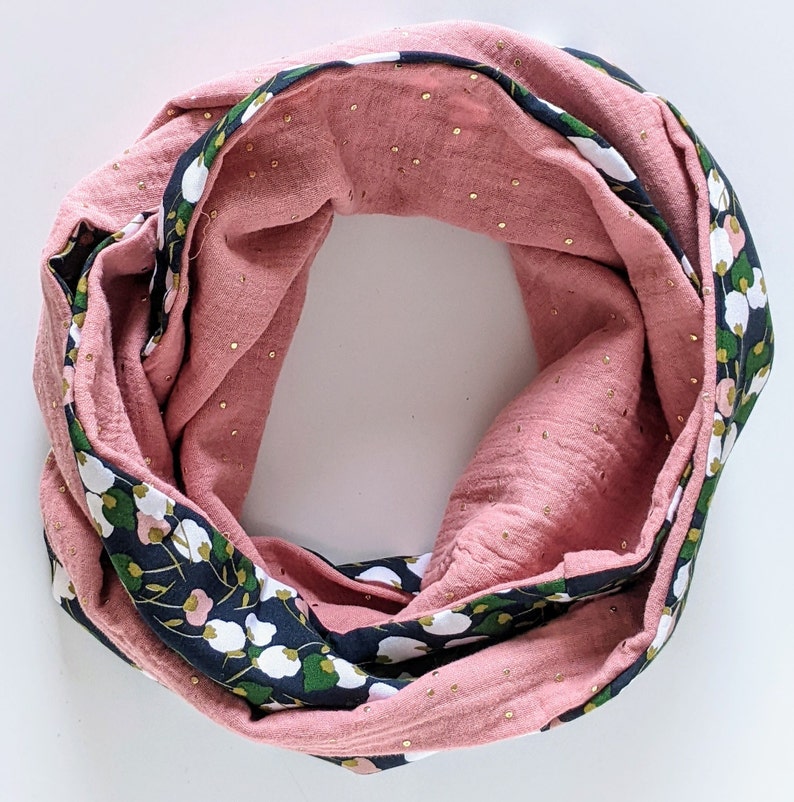 Women's Double Wrap Snood, Kisnek Floral Pattern Scarf, Double Gauze, Blush Pink Gold Touch, Handmade in France image 3