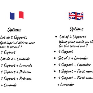 May include: Image displays a list of options for a product, including sets of supports, lavender, and personalized options. The text is in English and features a Union Jack flag.