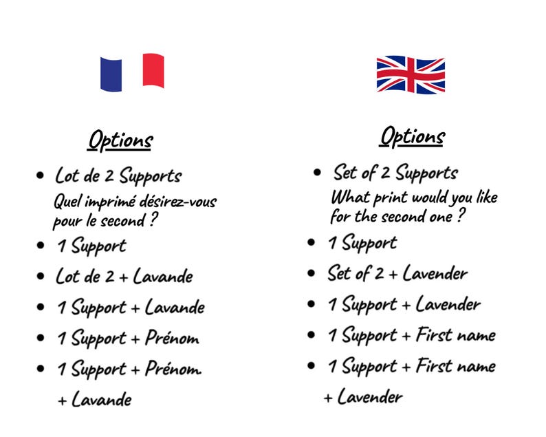 May include: Image displays a list of options for a product, including sets of supports, lavender, and personalized options. The text is in English and features a Union Jack flag.