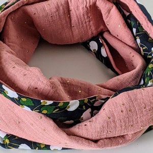 Women's Double Wrap Snood, Kisnek Floral Pattern Scarf, Double Gauze, Blush Pink Gold Touch, Handmade in France image 5