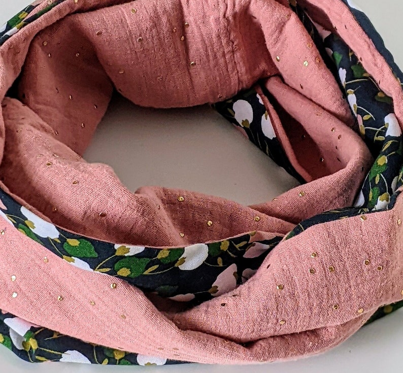 Women's Double Wrap Snood, Kisnek Floral Pattern Scarf, Double Gauze, Blush Pink Gold Touch, Handmade in France image 5