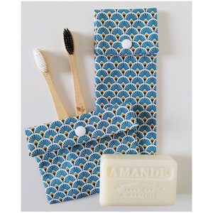 Etui Brosse à Dent/Dentifrice & Pochette à Savon, Tissu Imperméable Eventail Turquoise, Fait Main en France Personnalisé image 1