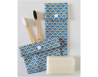 Etui Brosse à Dent/Dentifrice & Pochette à Savon, Tissu Imperméable Eventail Turquoise,  Fait Main en France Personnalisé