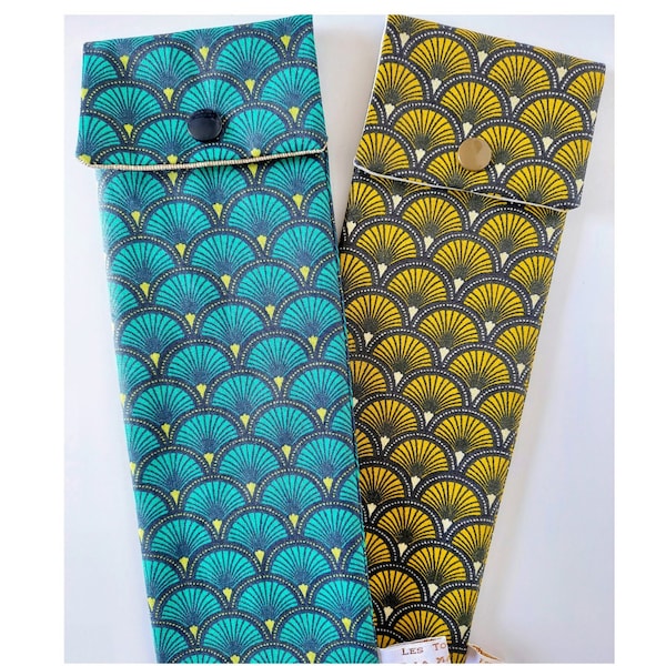Cutlery & Chopsticks Pouch, Art Deco Turquoise/Mustard Waterproof Fabric, Handmade in France Personalized