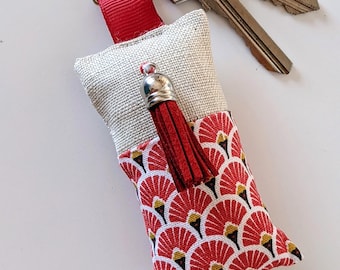 Carabiner Keyring in Fabric with Japanese Pattern, Red & White or Natural Linen