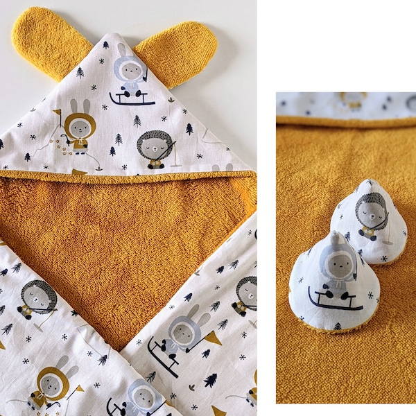 Cape de Bain Avec ou Sans Oreilles de Lapin, Coton Motif Petits Animaux & Éponge Bambou Ultra Douce, Coffret Cadeau Bébé Fait Main en France