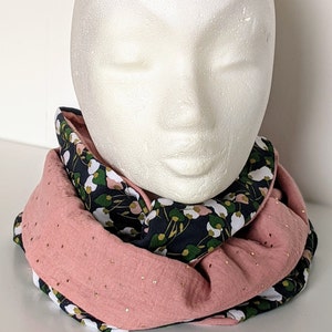 Women's Double Wrap Snood, Kisnek Floral Pattern Scarf, Double Gauze, Blush Pink Gold Touch, Handmade in France image 7