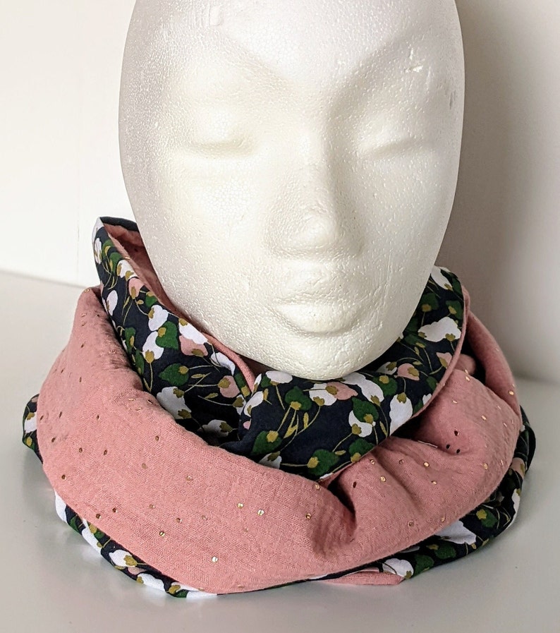 Women's Double Wrap Snood, Kisnek Floral Pattern Scarf, Double Gauze, Blush Pink Gold Touch, Handmade in France image 7