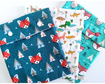 Pochette à Goûter Enfant, Motifs Renards & Dinosaures, Tissu Intérieur Imperméable Certifié Alimentaire, Fait Main en France Personnalisé