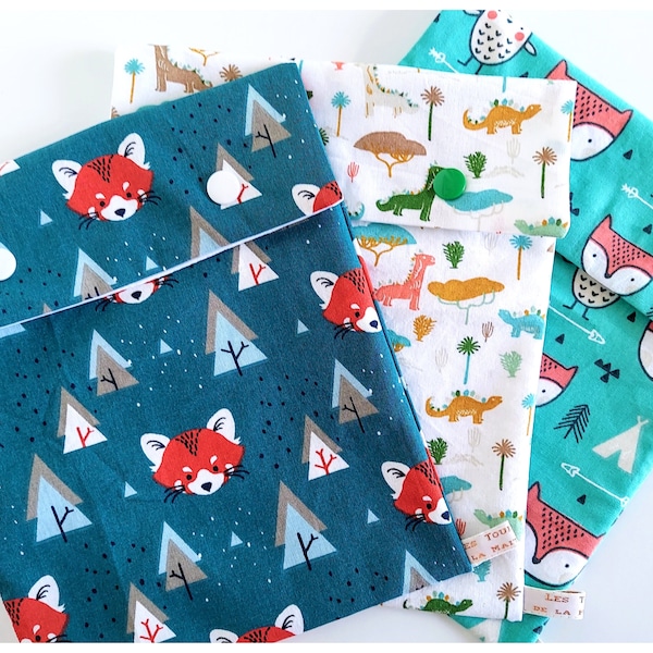 Pochette à Goûter Enfant, Motifs Renards & Dinosaures, Tissu Intérieur Imperméable Certifié Alimentaire, Fait Main en France Personnalisé