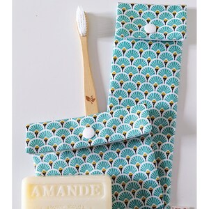 Étui Brosse à Dents/Dentifrice & Pochette à Savon - Tissu Imperméable Motif Japonais Vert Lagon
