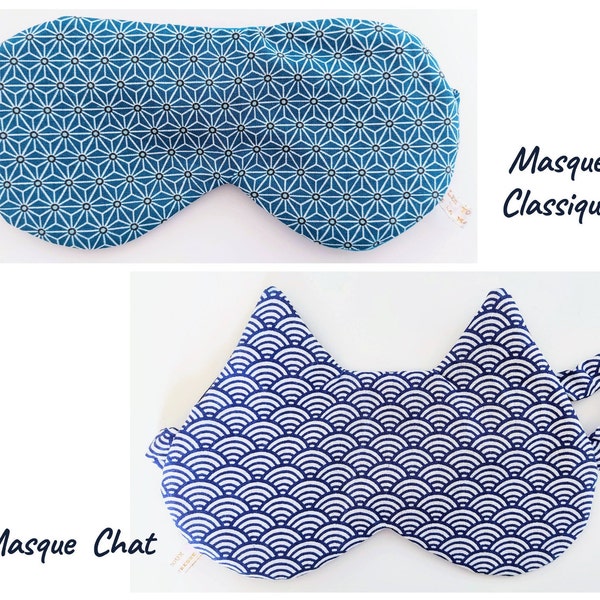 Men's or Women's Night Mask, Classic or Cat Shape, Seigaiha and Asanoha Fabric, Handmade in France Personalized