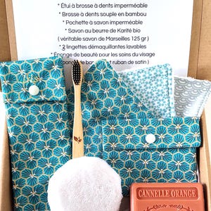 Personalisierte Beauty-Geschenkbox - Türkisfarbener japanischer Stoff - Handgefertigt in Frankreich