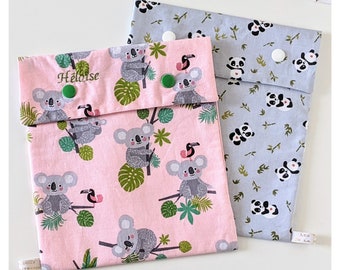 Pochette à Goûter Enfant, Motif Koala et Panda, Tissu Intérieur Imperméable Certifié Alimentaire, Fait Main en France Personnalisé