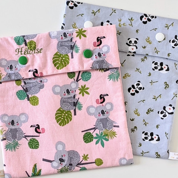 Pochette à Goûter Enfant, Motif Koala et Panda, Tissu Intérieur Imperméable Certifié Alimentaire, Fait Main en France Personnalisé