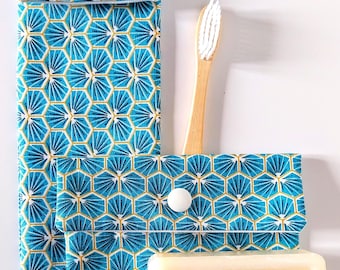 Turquoise Toothbrush & Soap Holder Pouch - Japanese Pattern Fabric - Handmade in France