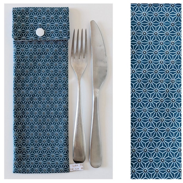 Cutlery & Chopsticks Pouch, Duck Blue Asanoha Waterproof Fabric, Optional Napkin, Handmade in France Personalized