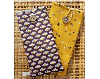 Glasses & Phone Case, Japanese Ginkgo Plum/Mustard Fabric, Handmade in France