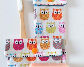 Toothbrush & Solid Soap Pouch in Waterproof Fabric with Owl Pattern