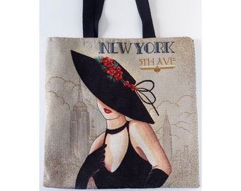 Grand Tote Bag Motif New York, Tissu Jacquard, Cadeau Fait Main en France