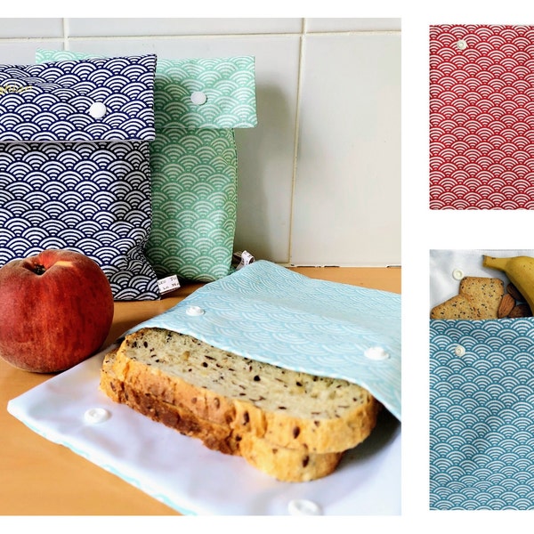 Sandwich & Snack Pouch, Seigaiha Pattern, Food Certified Waterproof Eco Pul Interior Fabric, Handmade in France Personalized