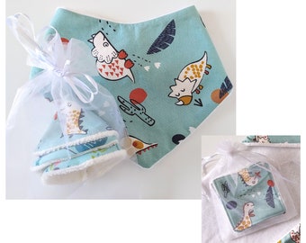 Personalized Birth Box "Funny Dinos" with Bandana Bib, Organic Lavender Bag, Changing Wipes... Handmade in France