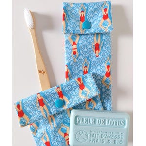 Étui à Brosse à Dents & Pochette à Savon - Tissu Imperméable Motif Nageuse - Fait Main en France