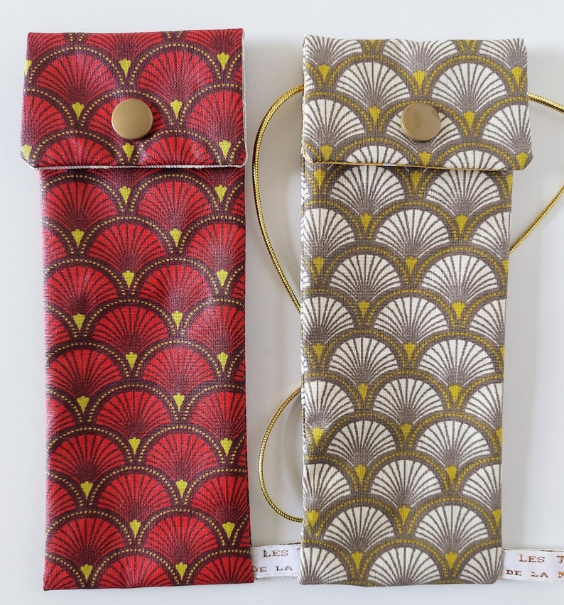 Etui à Cigarette Electronique, Cordon en Option, Tissu Imperméable Inspiration Art Déco Rouge/Or, Fait Main en France image 4