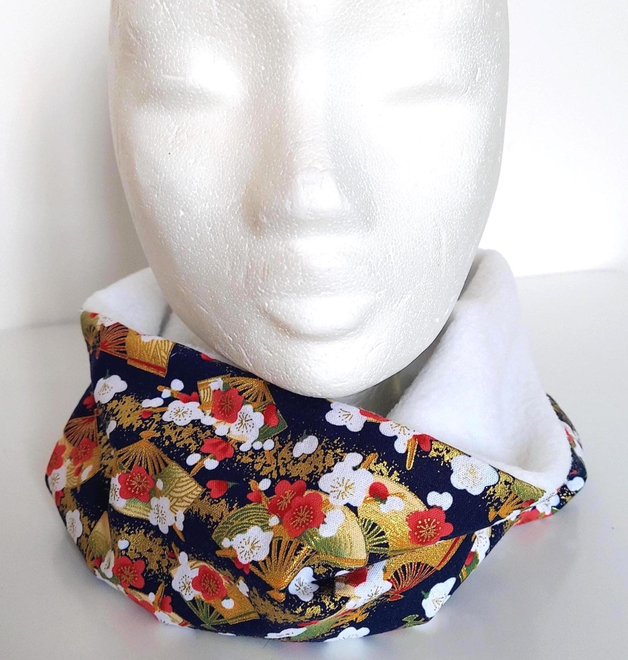Blue & Gold Floral Japanese Pattern Neck Warmer - Handmade Fleece