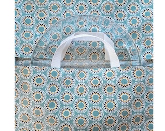 Sac à Tarte en Tissu Imperméable, Motif Malawa Bleu Givré et Ocre, Fait Main en France Personnalisé