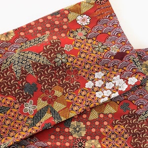 Snood Double Tour Femme, Motif Japonais Yin Rouge et Double Gaze Écureuil Touche Dorée, Fait Main en France image 3