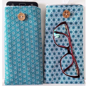 Étui à Lunettes & Téléphone Personnalisé - Tissu Japonais Bleu Canard - Fait Main en France