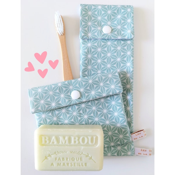 Toothbrush/Toothpaste Case & Soap Pouch, Celadon Green Fuji Waterproof Fabric, Personalized Handmade Gift in France