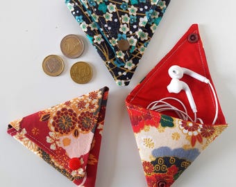 Small Japanese Floral Fabric Pouch, Handmade Triangle Coin Purse