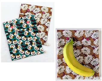 Bolsa para sándwiches y refrigerios, estampado de flores, tela interior impermeable con certificación alimentaria, hecha a mano en Francia personalizada