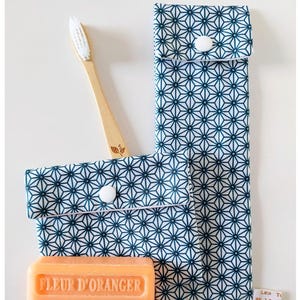 Étui à Brosse à Dents & Pochette à Savon - Tissu Imperméable Motif Japonais Bleu Canard