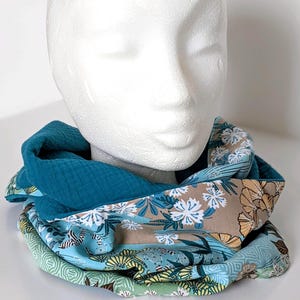 Pode incluir: Cachecol infinito com padrão floral e azul-petróleo. O cachecol apresenta um tecido texturizado azul-petróleo no interior e um padrão floral com detalhes brancos, bege e azuis no exterior. É exibido numa cabeça de manequim branca.